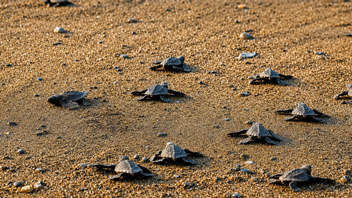 Baby sea turtles begin their journey across the beach