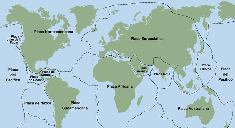 Mapa de las principales placas tectónicas del mundo: hay una que cubre la mayor parte del Pacífico