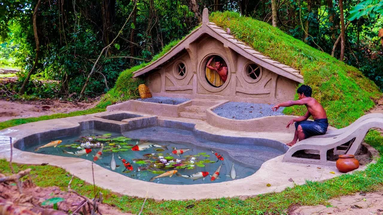 A builder creates an underground hobbit house with a grass roof and ...