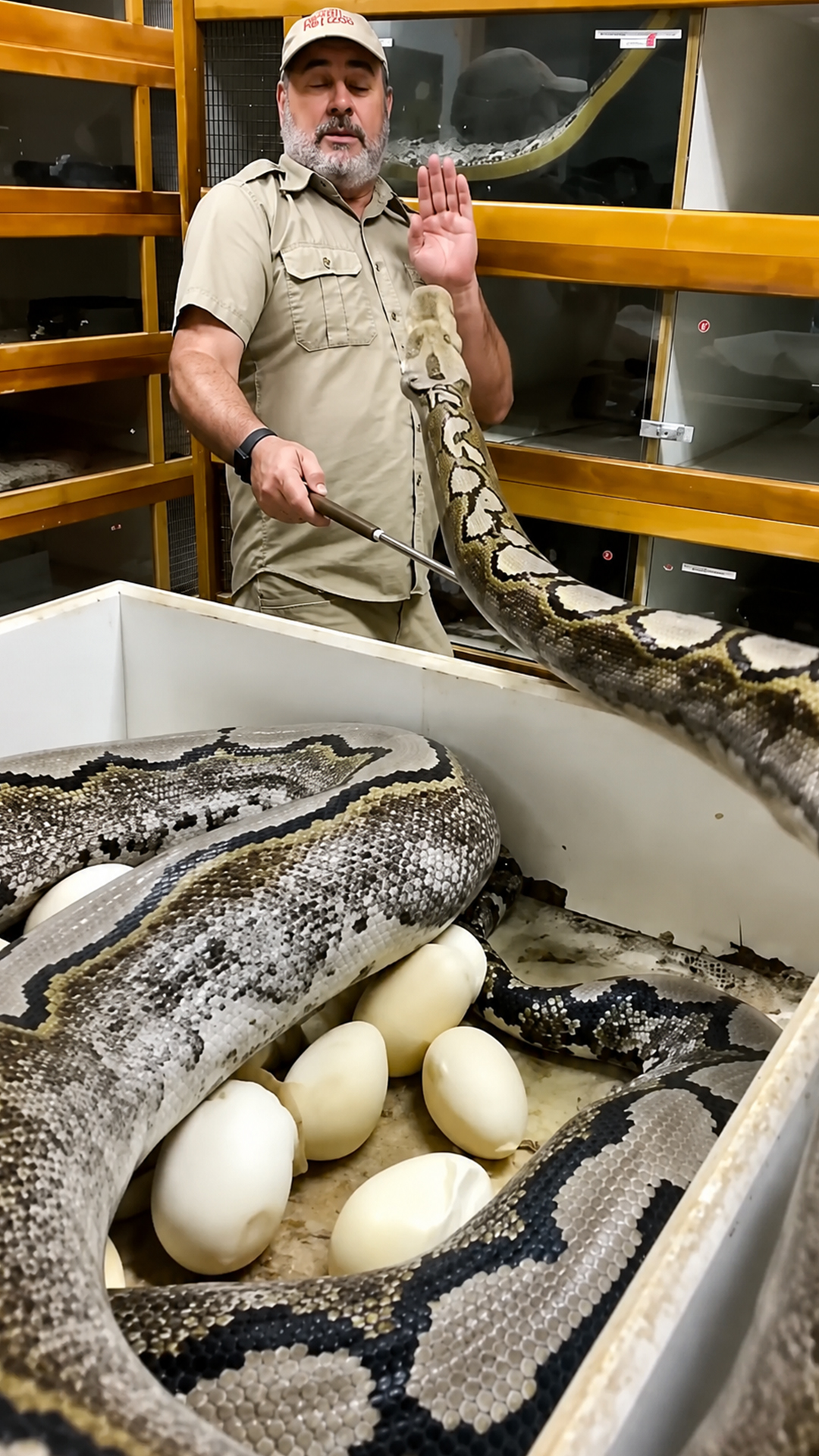 Keeper backs away fast as giant snake guarding her eggs strikes out