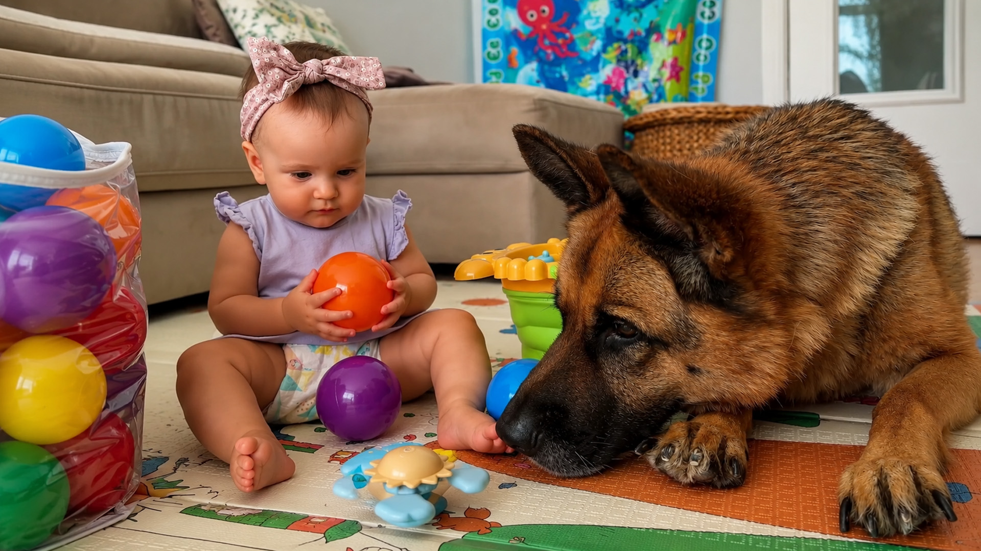 German shepherd gets curious about baby’s toys