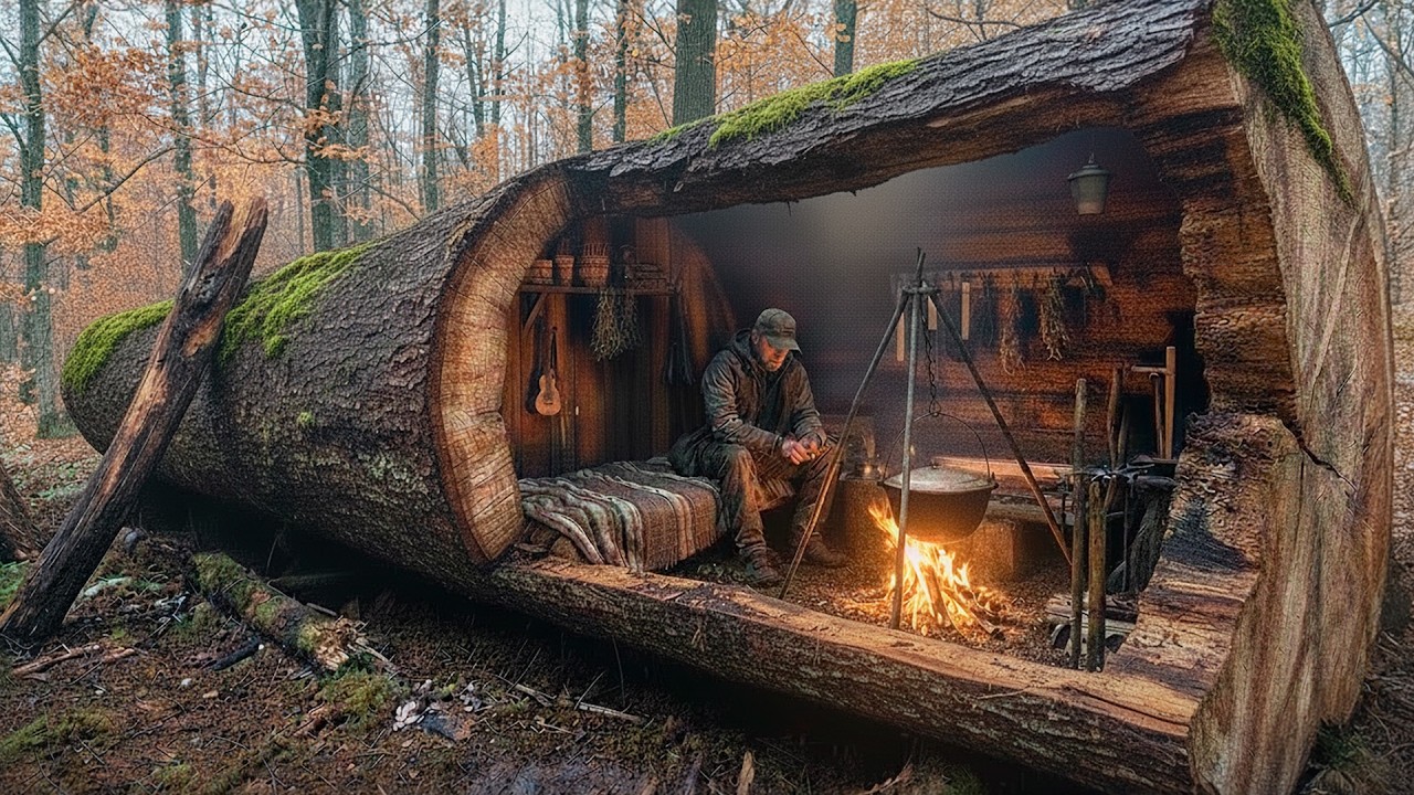 He built a secret dugout inside a hollow tree | Building the most ...