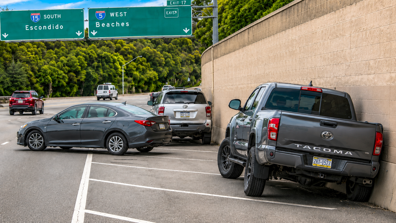 One exit-ramp crash ends with a pickup against the wall