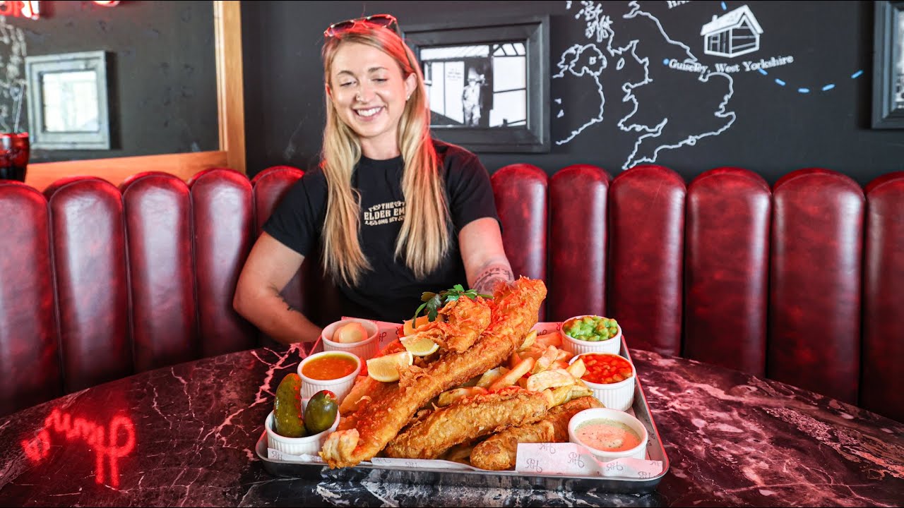Woman attempts giant world-famous British fish and chips challenge