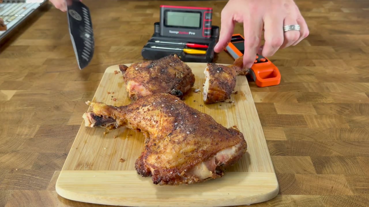 Chicken quarters are smoked to about 165°F before a quick shallow fry