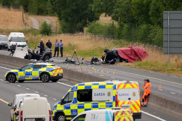 The scene on the M9 northbound at Junction 3 in Co Kildare (Niall Carson/PA) (PA Wire)