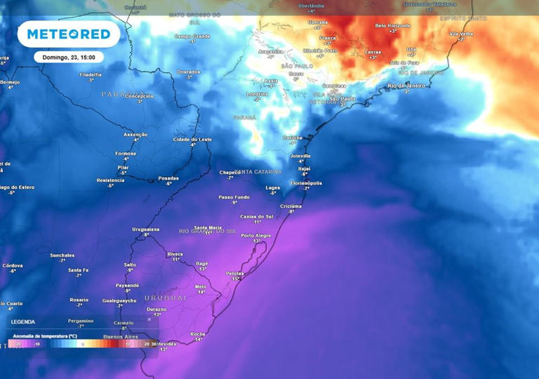 Previsão de anomalias de temperatura no domingo durante a tarde mostra uma massa de ar polar mais intensa avançando pela região Sul e pelo MS, fazendo as temperaturas caírem.