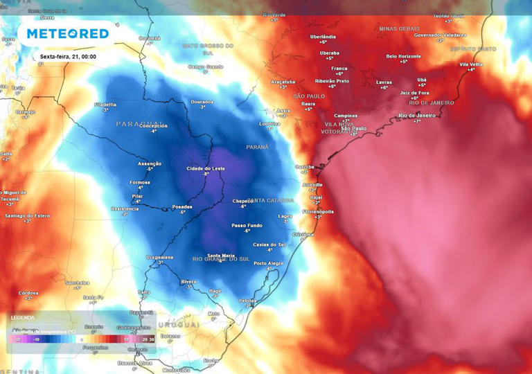 Previsão de anomnalias de temperatura no início da sexta-feira mostra uma pequena massa de ar frio avançando pela região Sul e pelo MS, fazendo as temperaturas caírem consideravelmente.