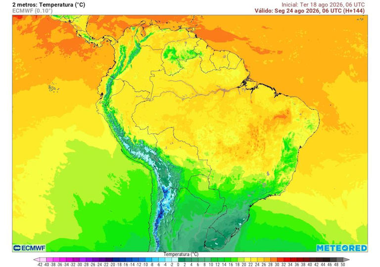 Previsão de temperaturas na segunda-feira de madrugada mostra regiões de RS e SC registrando valores negativos, inferiores a 0°C, e frio intenso sobre SP, RJ e parte de MG e do MS.