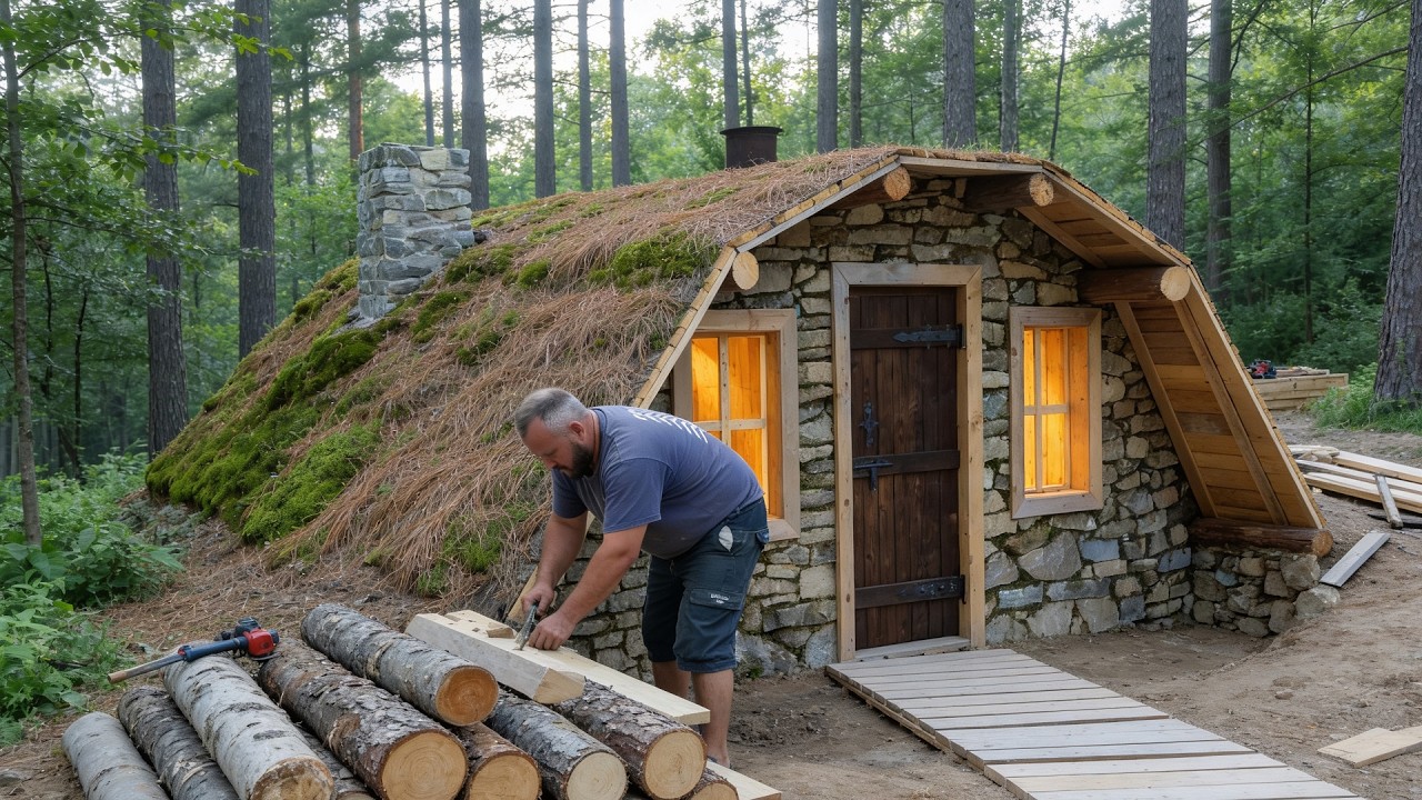 Hidden underground cabin built into a hillside | Full construction process