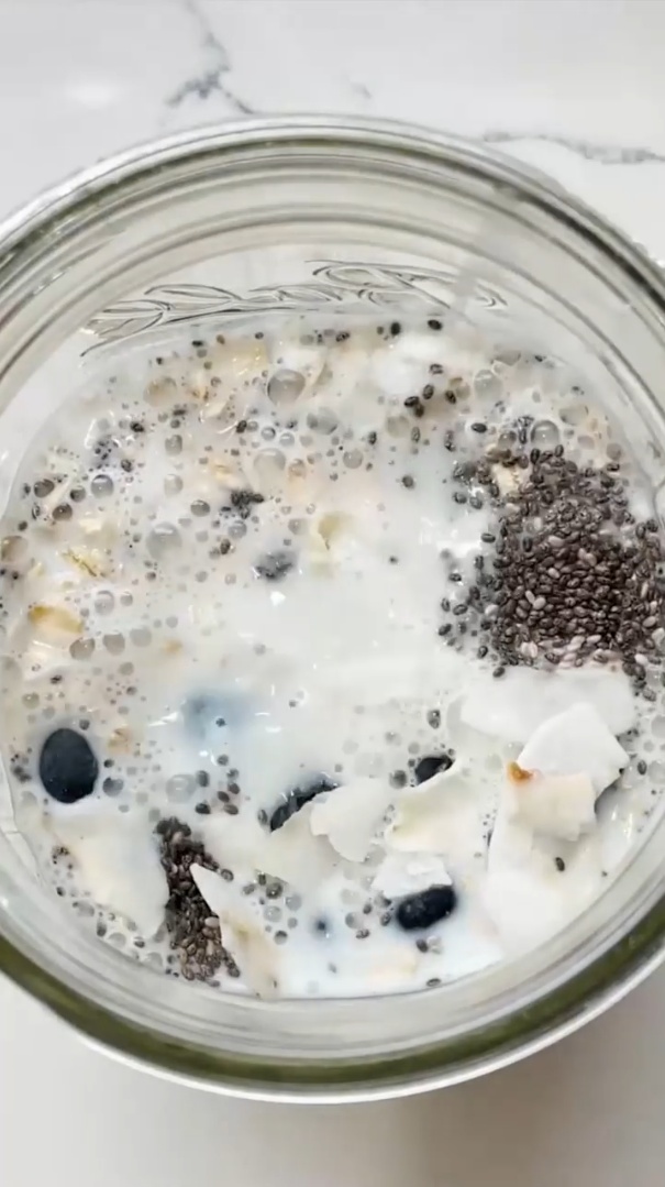Creamy overnight oats with blueberries coconut and almonds for easy ...