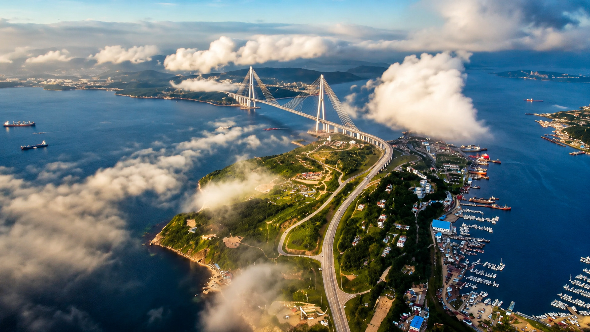 The giant Russky Bridge rising above Vladivostok’s coast