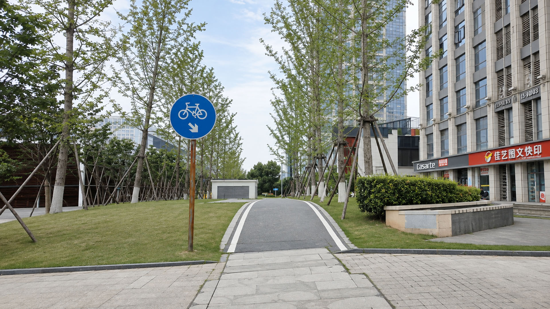 Uma ciclovia verde desaparece entre prédios urbanos na China