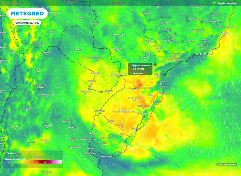 Ventos ganham intensidade e rajadas podem chgar aos 80 km/h sobre diversos pontos da Região Sul.