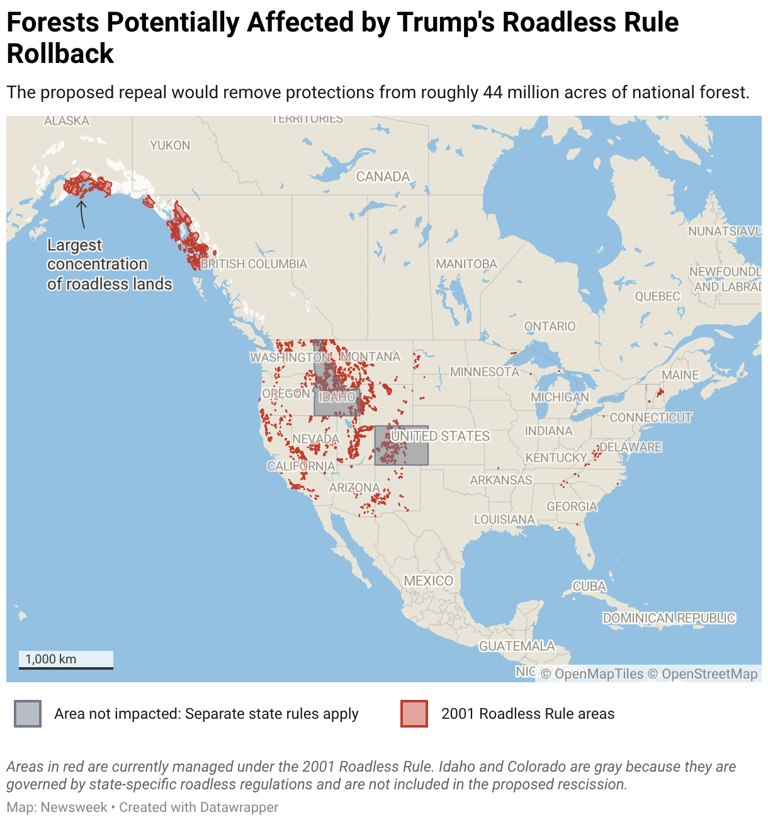 Map shows forests in potential danger as Trump admin scraps roadless rule