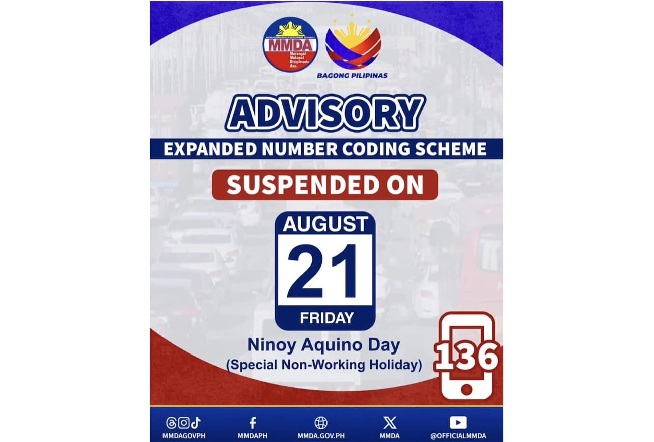 MMDA: Number coding scheme suspended on Friday, Ninoy Aquino Day