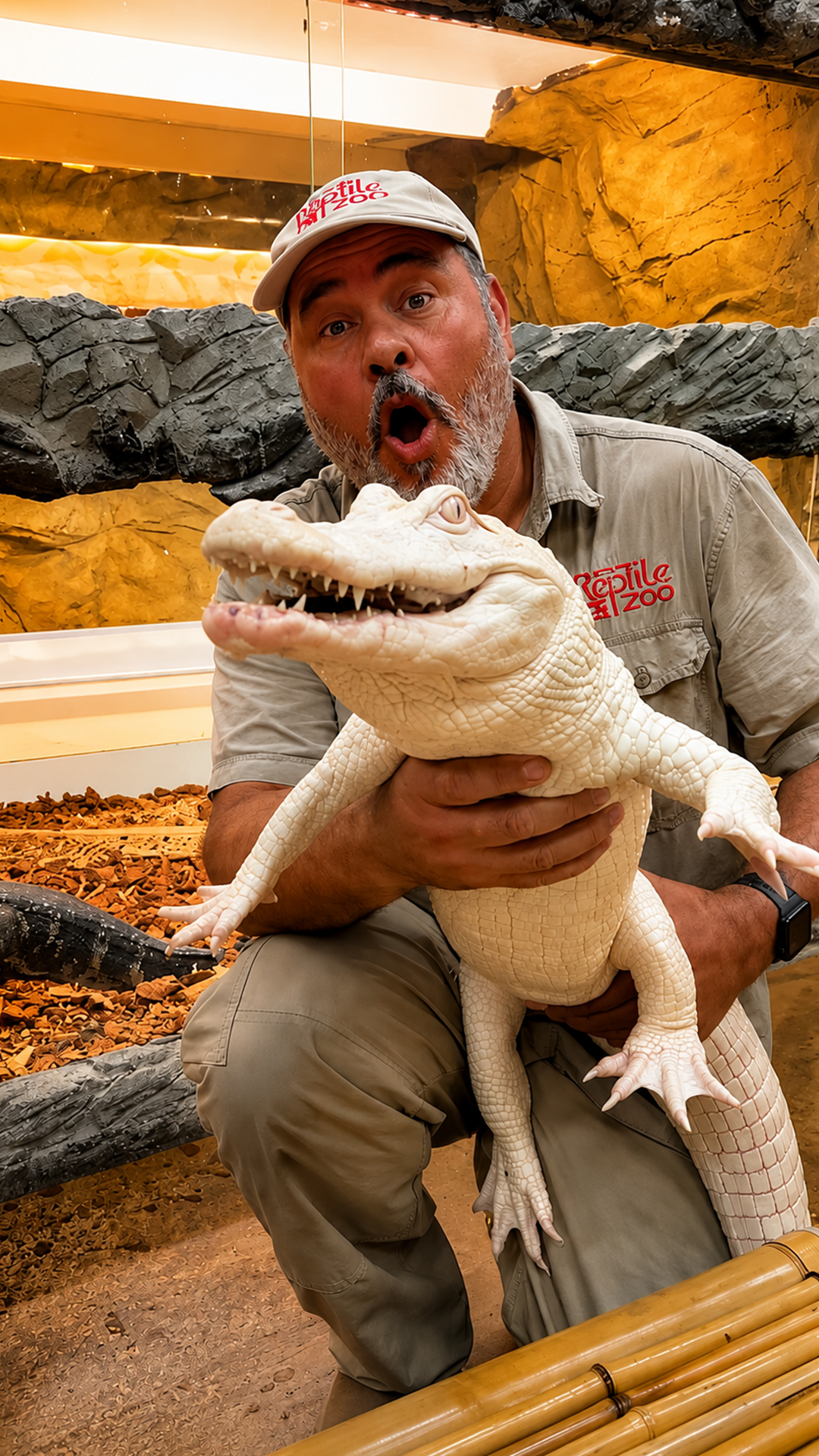 Albino American alligator shows excitement during shrimp feeding