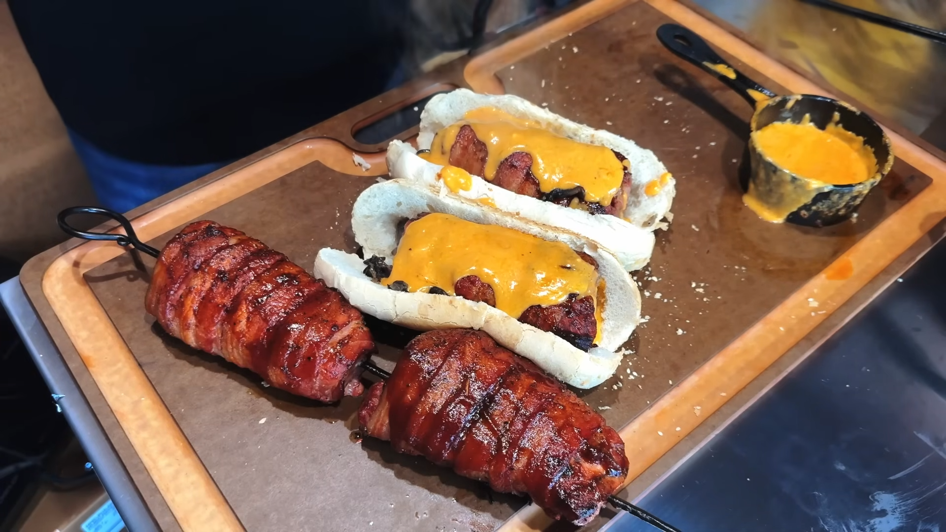 Pork roast, bacon, BBQ sauce and molten cheese came together in one ...