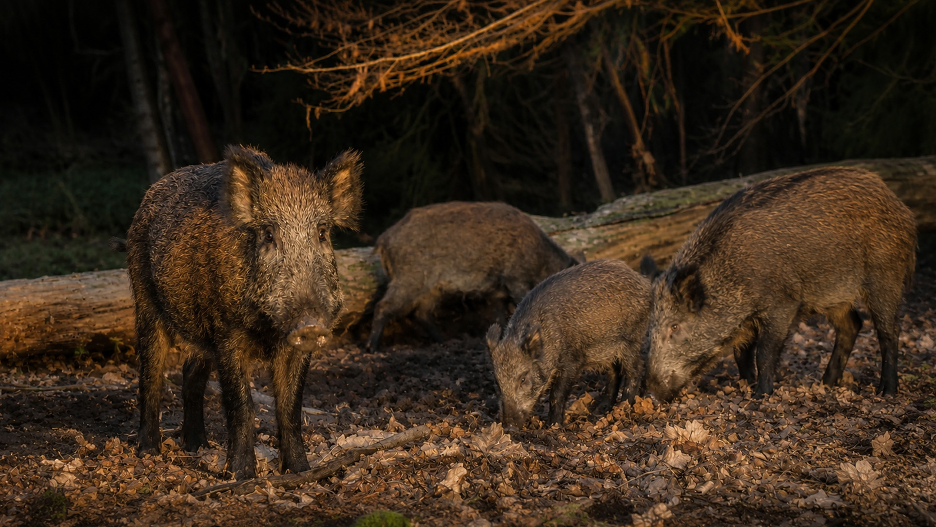 Wild boar family forages beneath the trees on camera trap