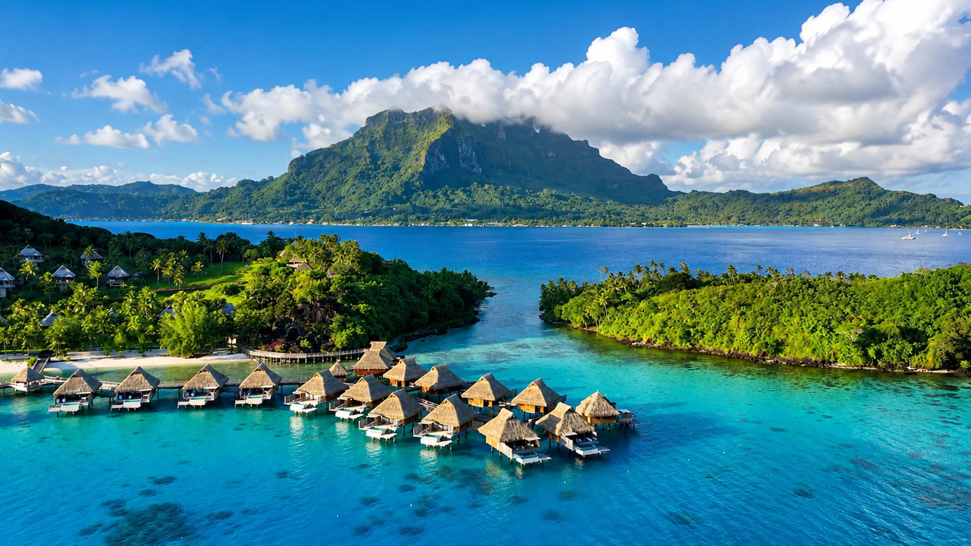 Wooden villas stretch into the shallow lagoon