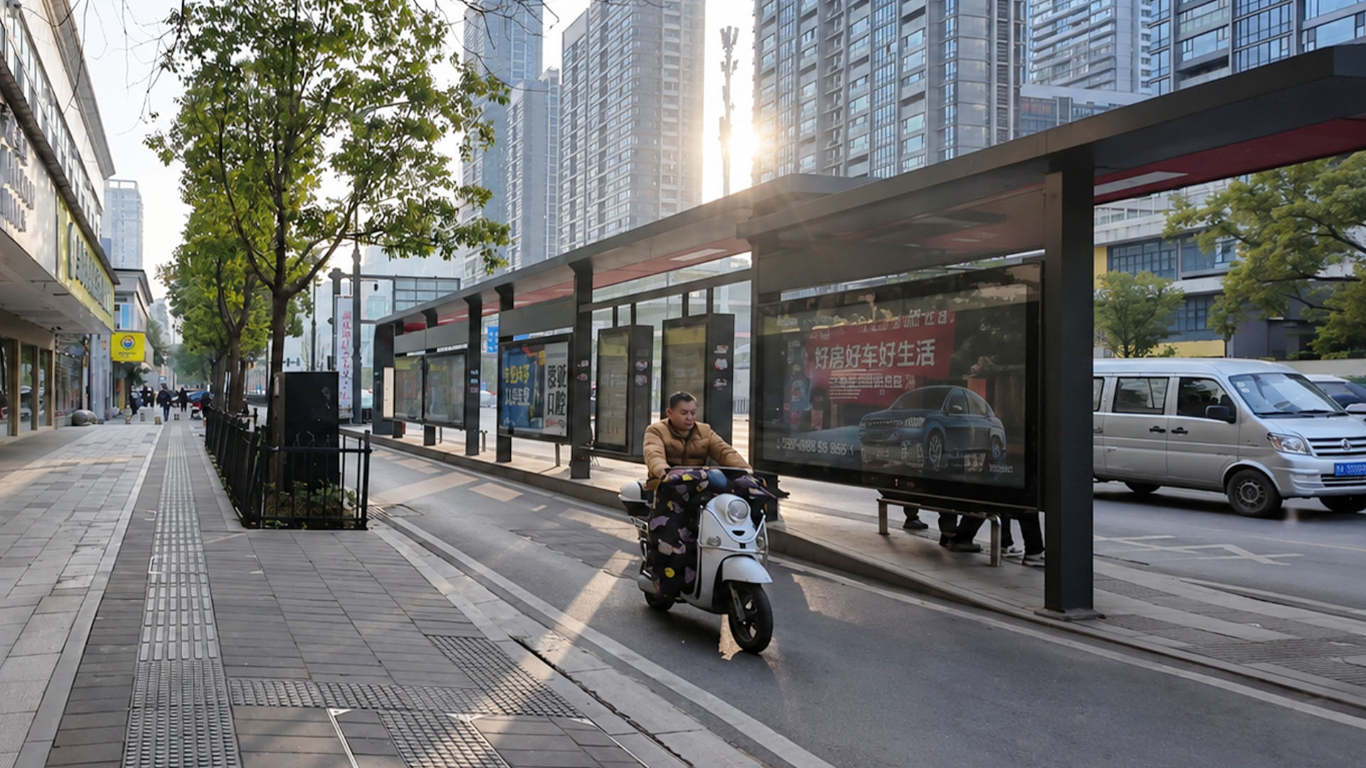China’s urban scooter lane passes this long modern bus stop