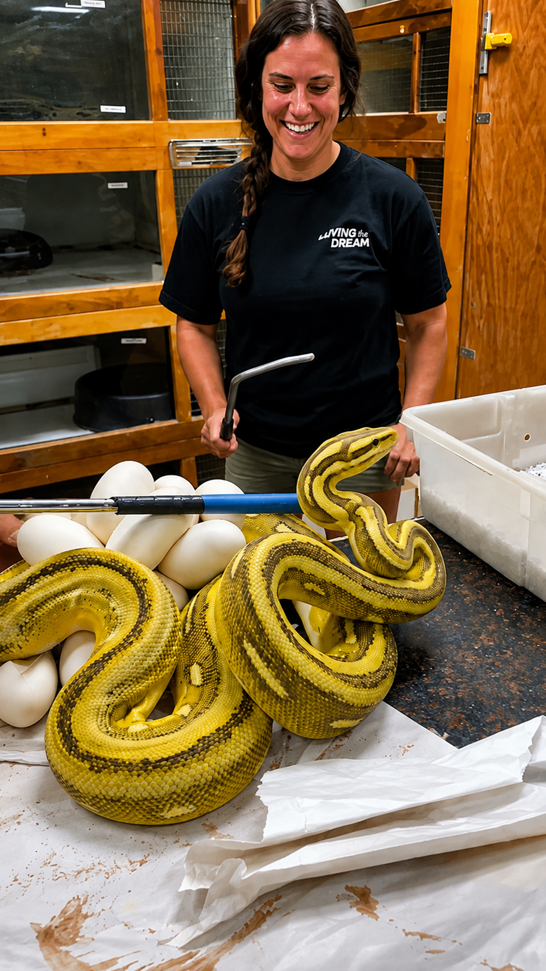 Protective reticulated python guards her eggs during careful clutch removal