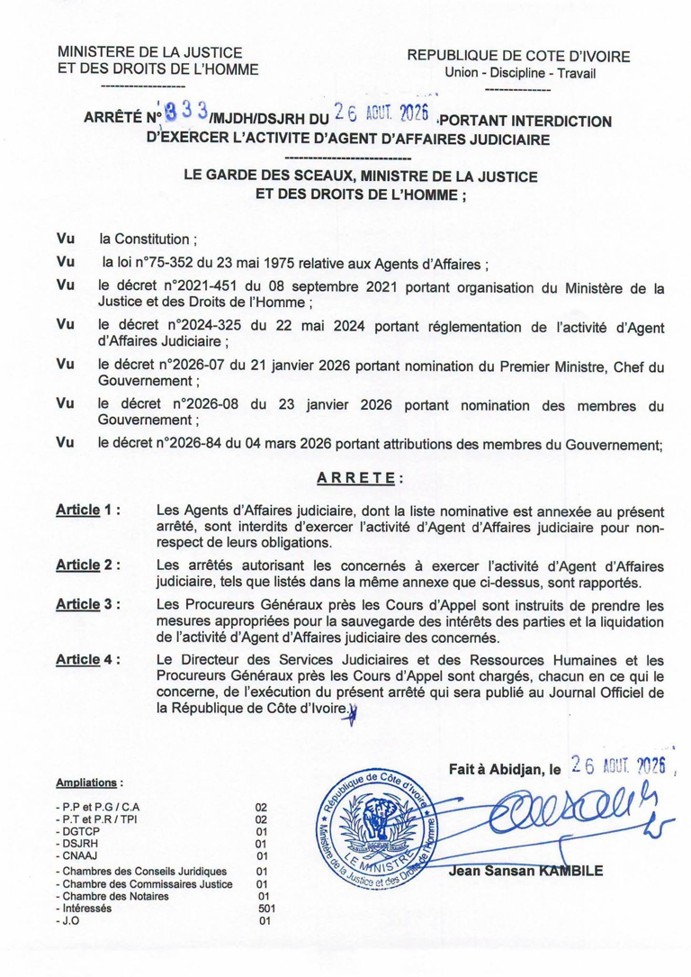 Côte d'Ivoire : 501 Agents d'Affaires judiciaire interdits d'activité 1