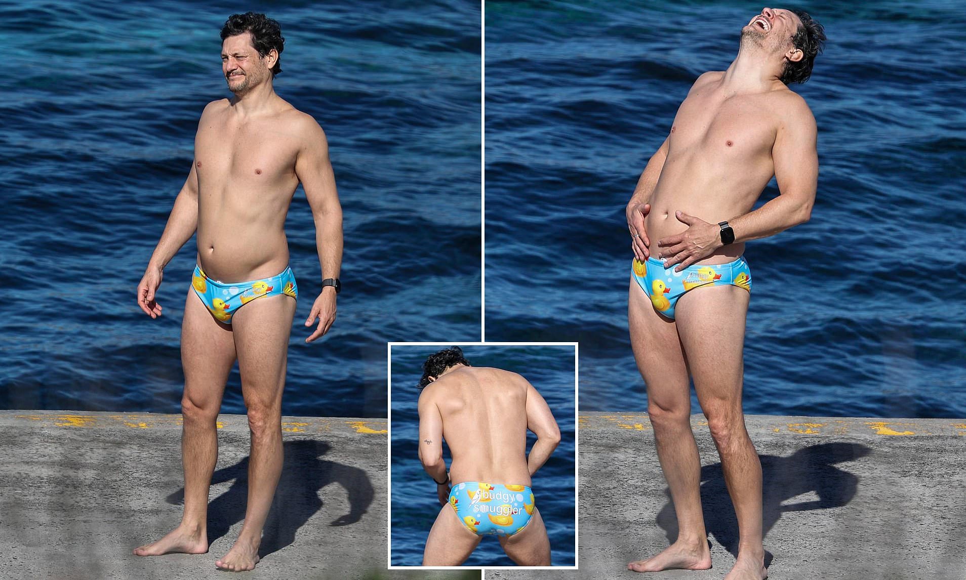 Rob Mills takes a dip in a pair of duck-themed tight Budgy Smugglers