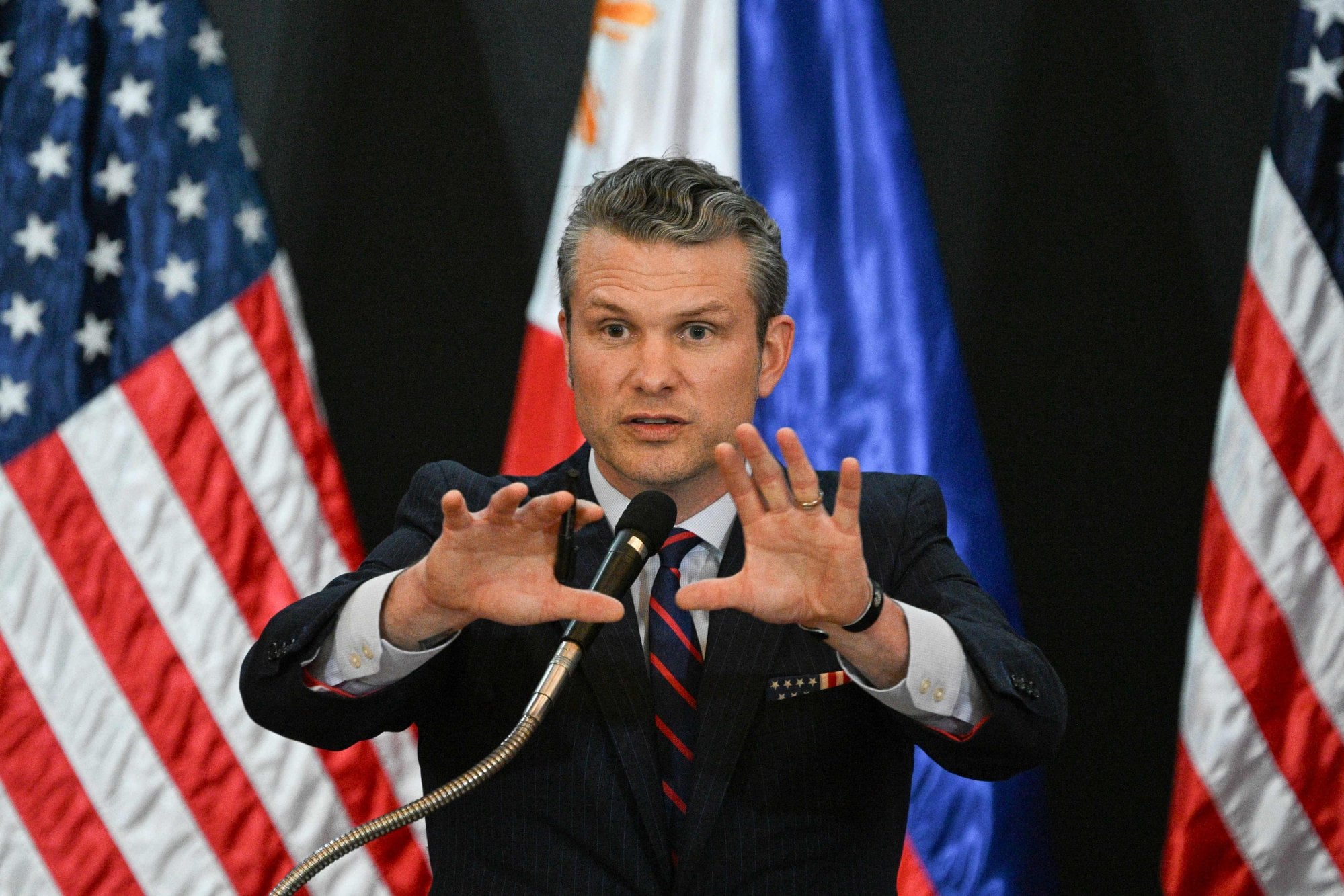 US Secretary of Defence Pete Hegseth speaks during a joint press conference with his Philippine counterpart Gilberto Teodoro after their meeting at Camp Aguinaldo in Manila in March 2025. Photo: AFP
