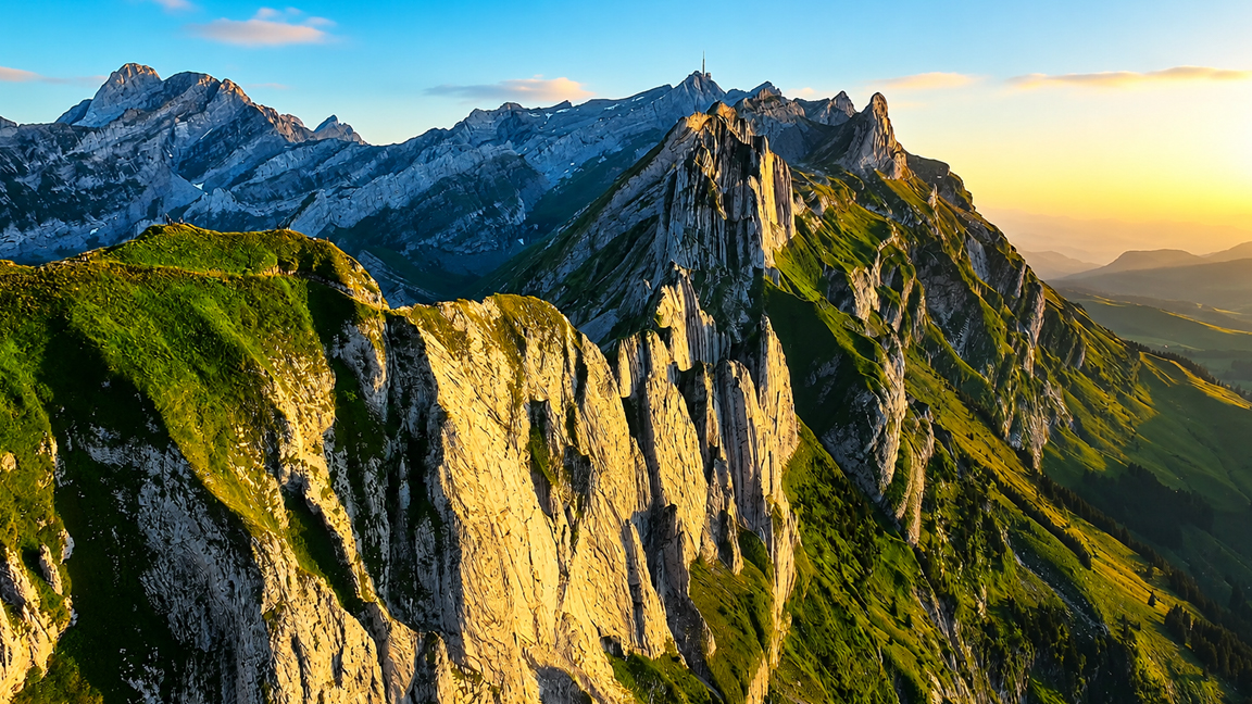 Golden sunset illuminates a dramatic alpine ridge