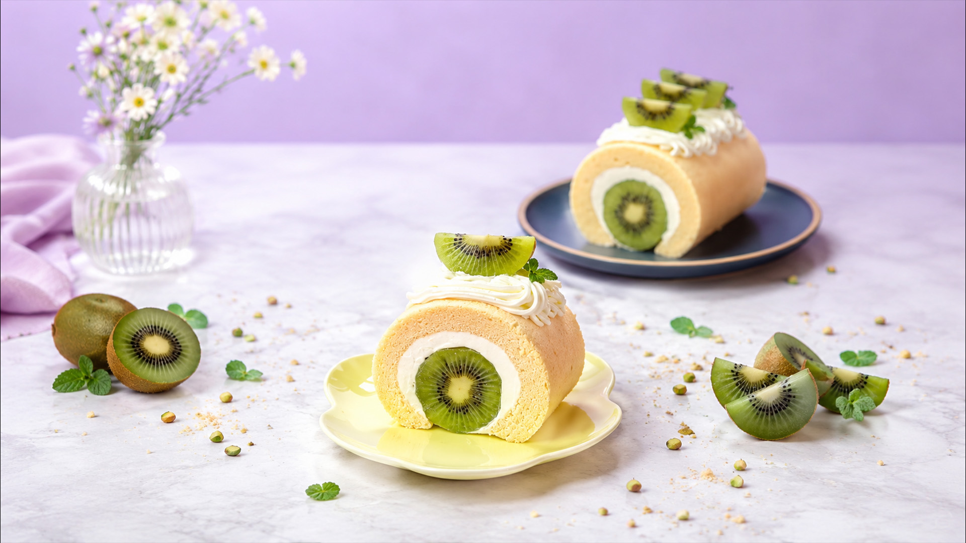 Soft sponge cake wrapped around a kiwi center