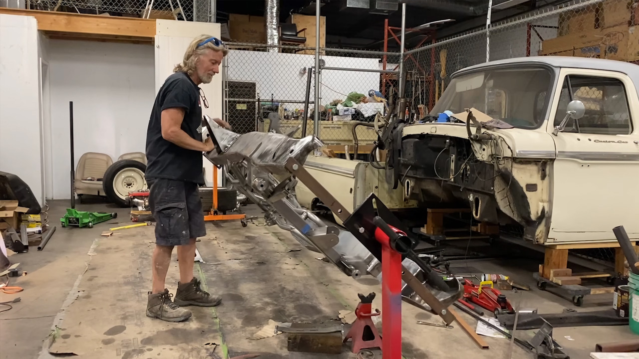 A coyote-swapped Ford F100 built entirely at home
