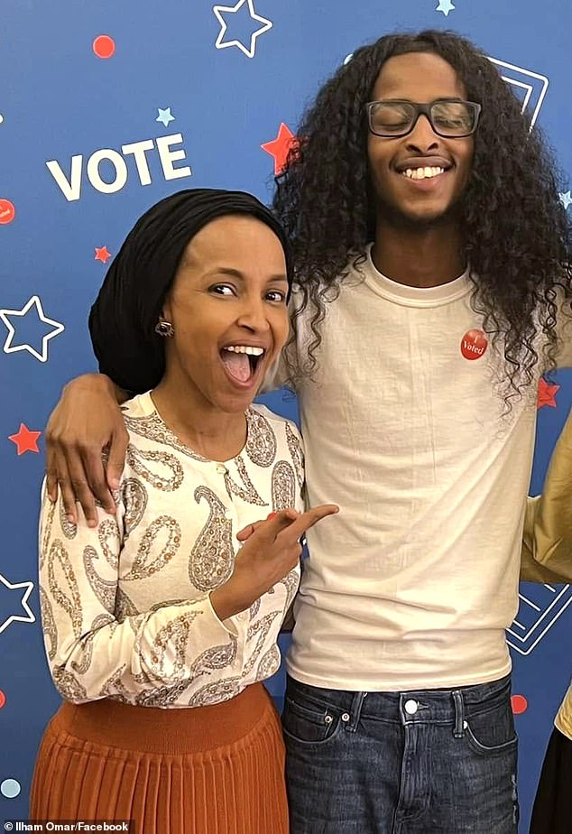 Ilhan Omar, left, is seen here with her son Adnan. His apartment was raided by police officers on Tuesday night, sources told Alpha News 