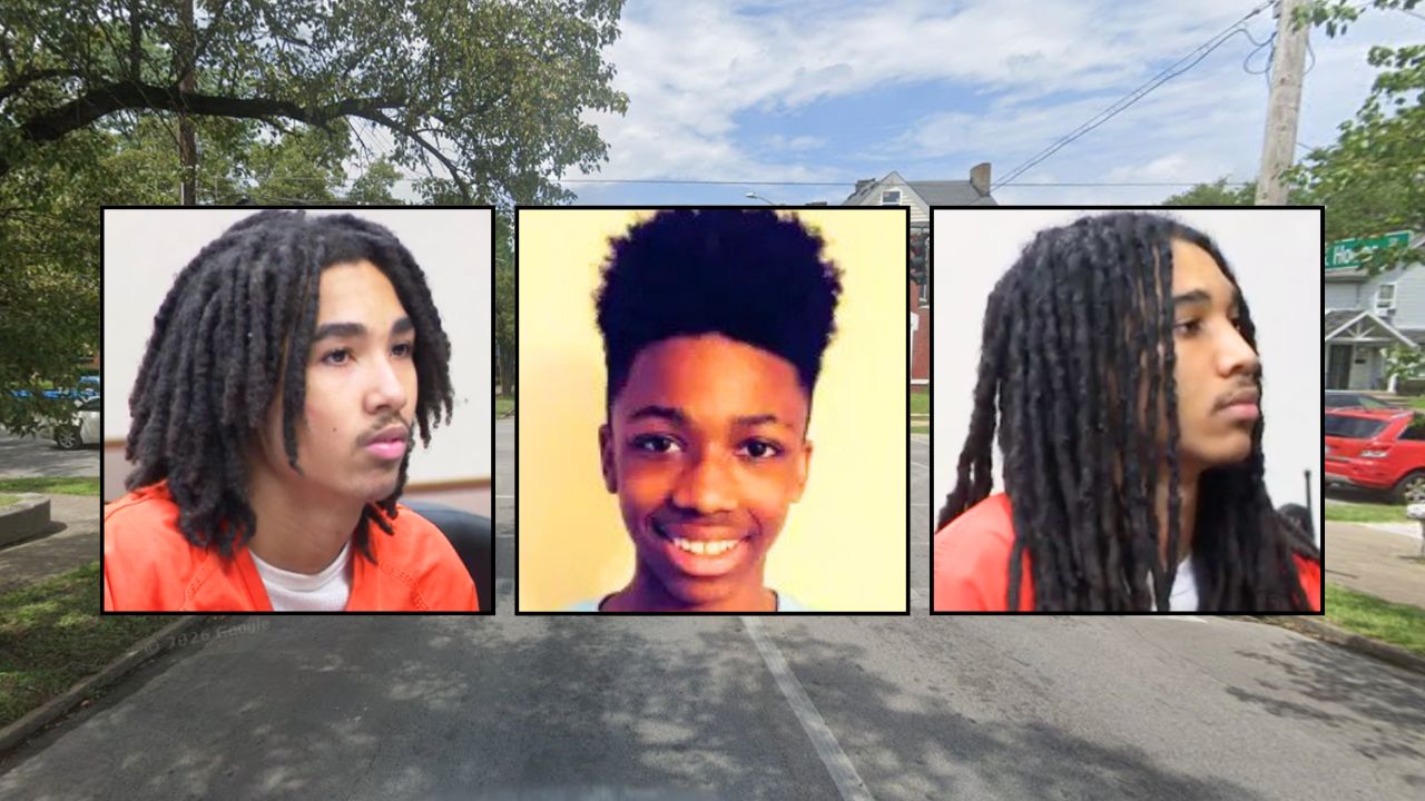 Background: The intersection in Louisville, Kentucky, where the shooting occurred (Google Maps). Inset left: Demaurion Moore (WHAS/YouTube). Inset middle: Tyree Leshawn Smith (Spring Valley Funeral Home). Inset right: Mekhi Cable (WHAS/YouTube).