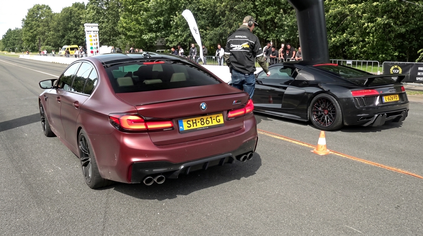 Matte red BMW M5 takes on black Audi R8 in drag race