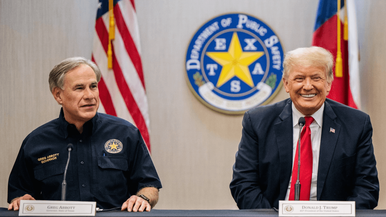 Texas Governor Greg Abbott addresses former U.S. President Donald Trump as Trump attends a border security briefing in Weslaco, Texas, U.S. June 30, 2021. Brandon Bell / Pool via REUTERS
