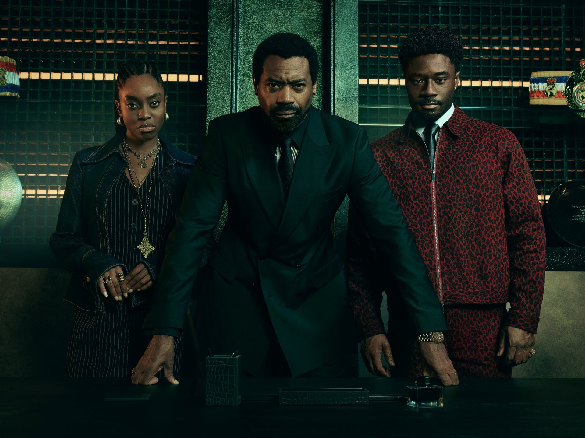 Kingsley runs a tight ship with his family, including overseeing his children Cece (Anita-Joy Uwajeh) and Zeke (Charles Babalola) while he runs his empire (Picture: © 2025 Starz Entertainment, LLC)
