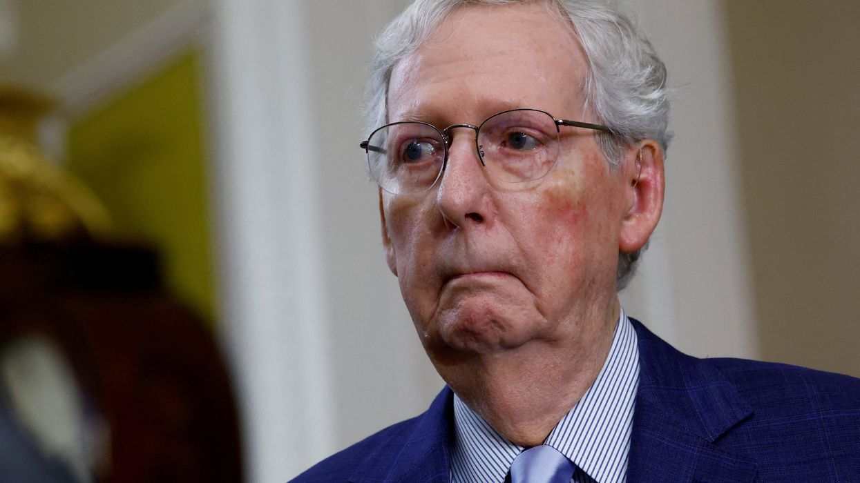 FILE PHOTO: U.S. Senate Minority Leader Mitch McConnell (R-KY) meets with reporters following the weekly Senate caucus luncheons on Capitol Hill in Washington, U.S., September 24, 2024. REUTERS/Piroschka van de Wouw