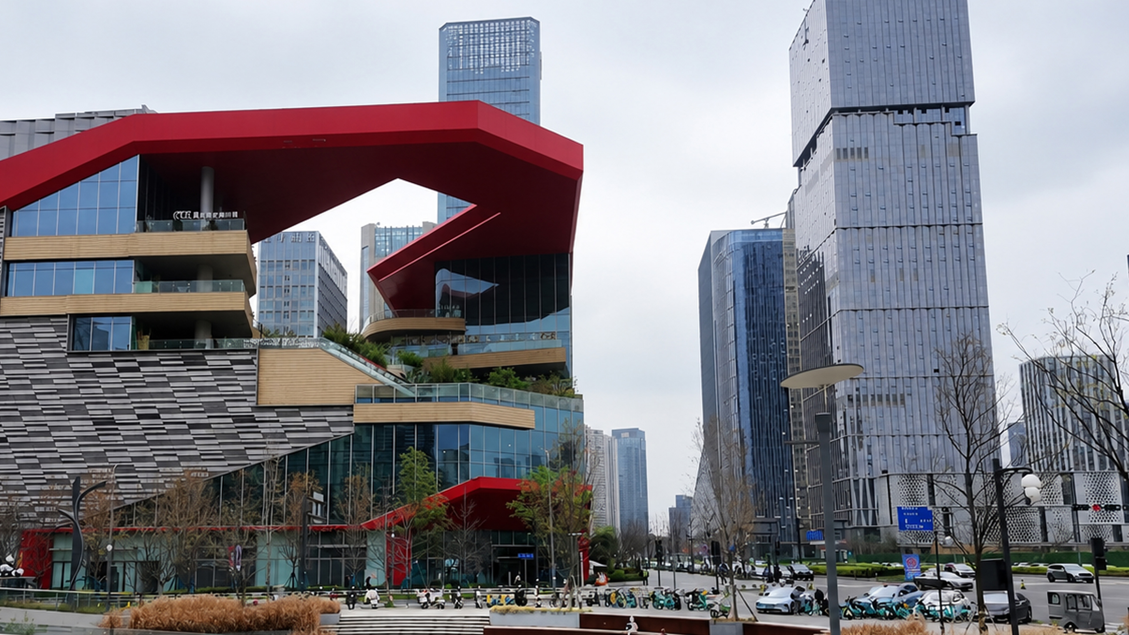Inside China’s modern district with a red geometric building