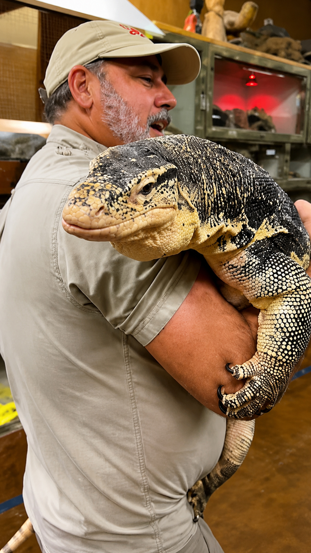 Expert handling of a giant seven foot monitor lizard