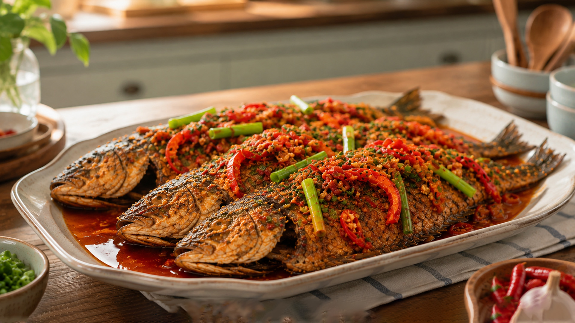 Golden fried fish with a rich escabeche glaze