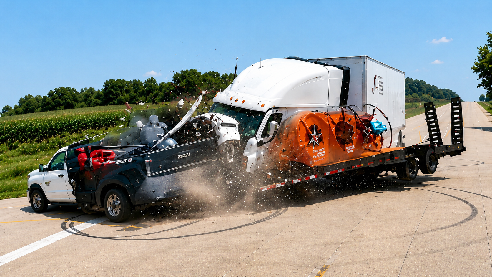Debris explodes after a pickup blows the stop sign in front of a semi ...