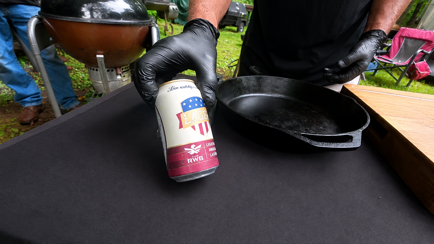 Beer-bath bacon cheeseburgers on the grill