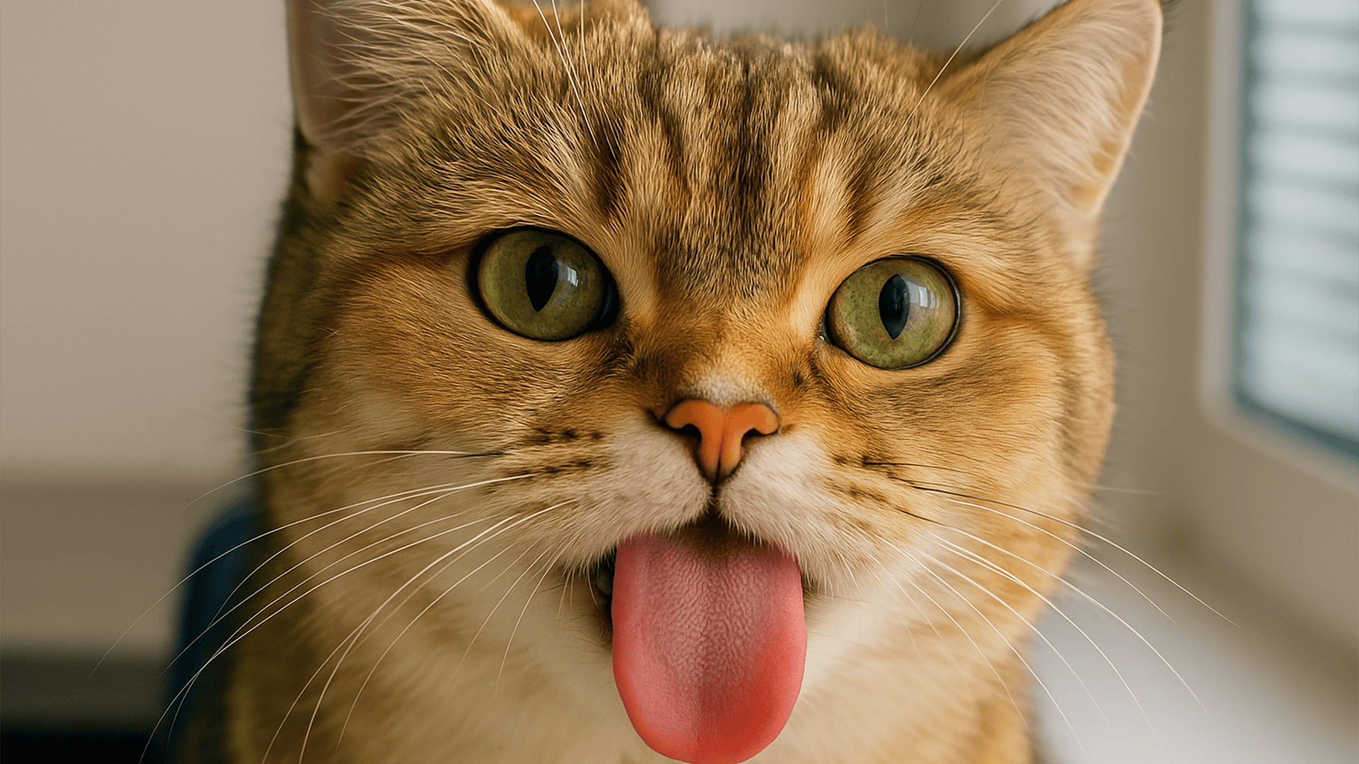 Cat sticks out its tongue with a funny expression