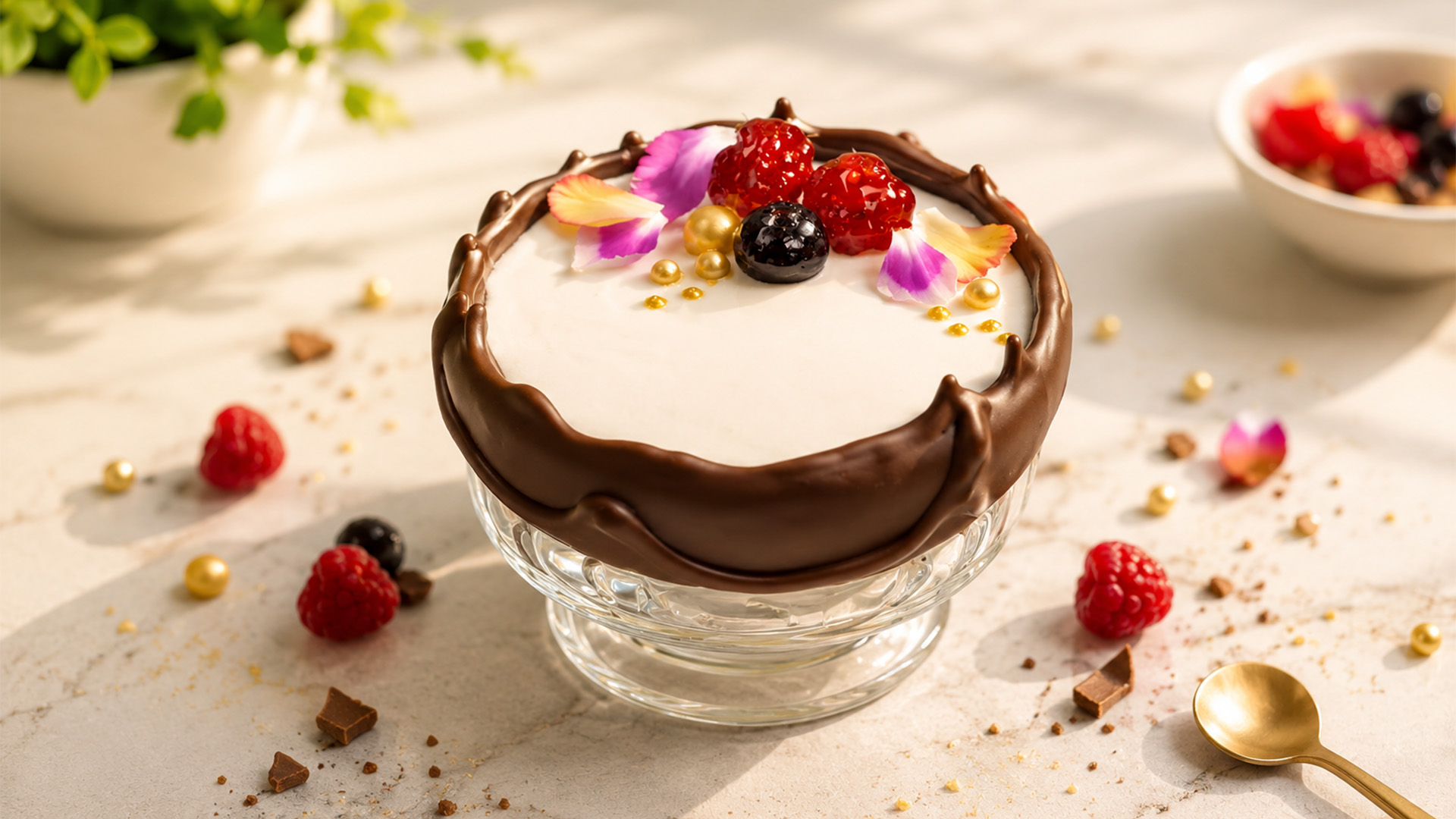 Chocolate drapes over a silky white dessert
