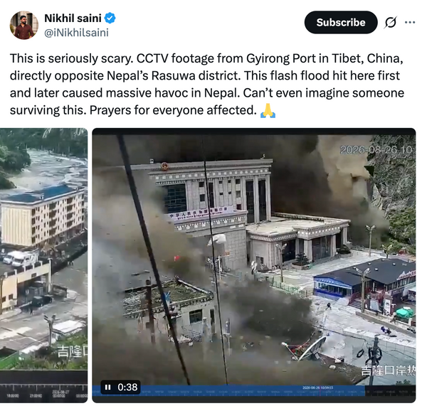 CCTV footage shows deadly flood destroying Nepal-China border crossing
