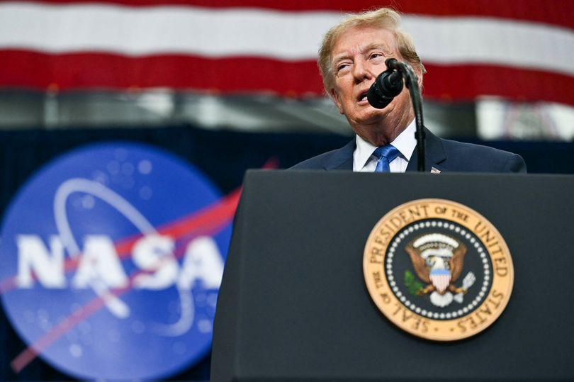 US President Donald Trump speaks during a Congressional Space Medal of Honor presentation at NASA Lyndon B. Johnson Space Center in Houston, Texas, on August 28, 2026. The Artemis II crew are being honored with the Congressional Space Medal of Honor for their historic mission around the Moon. (Photo by Kent NISHIMURA / AFP via Getty Images)