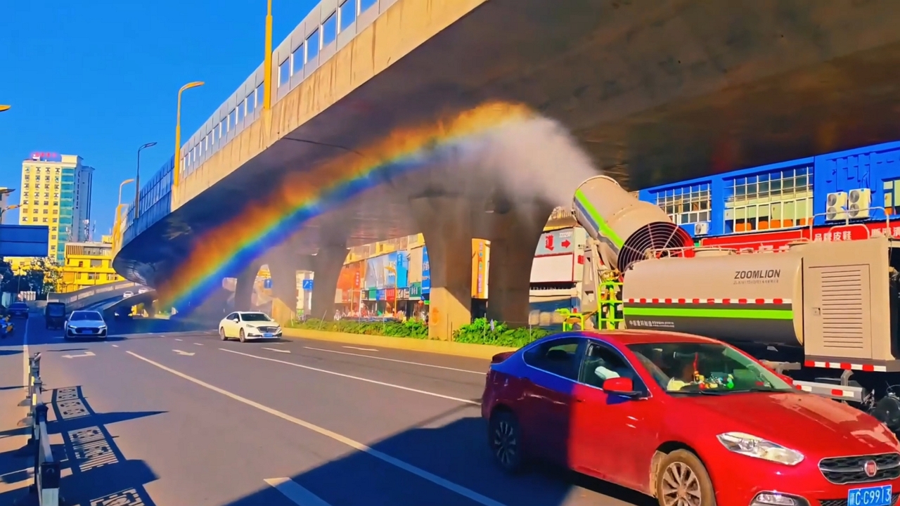 Mist cannon forms rainbow over Jiangxi street