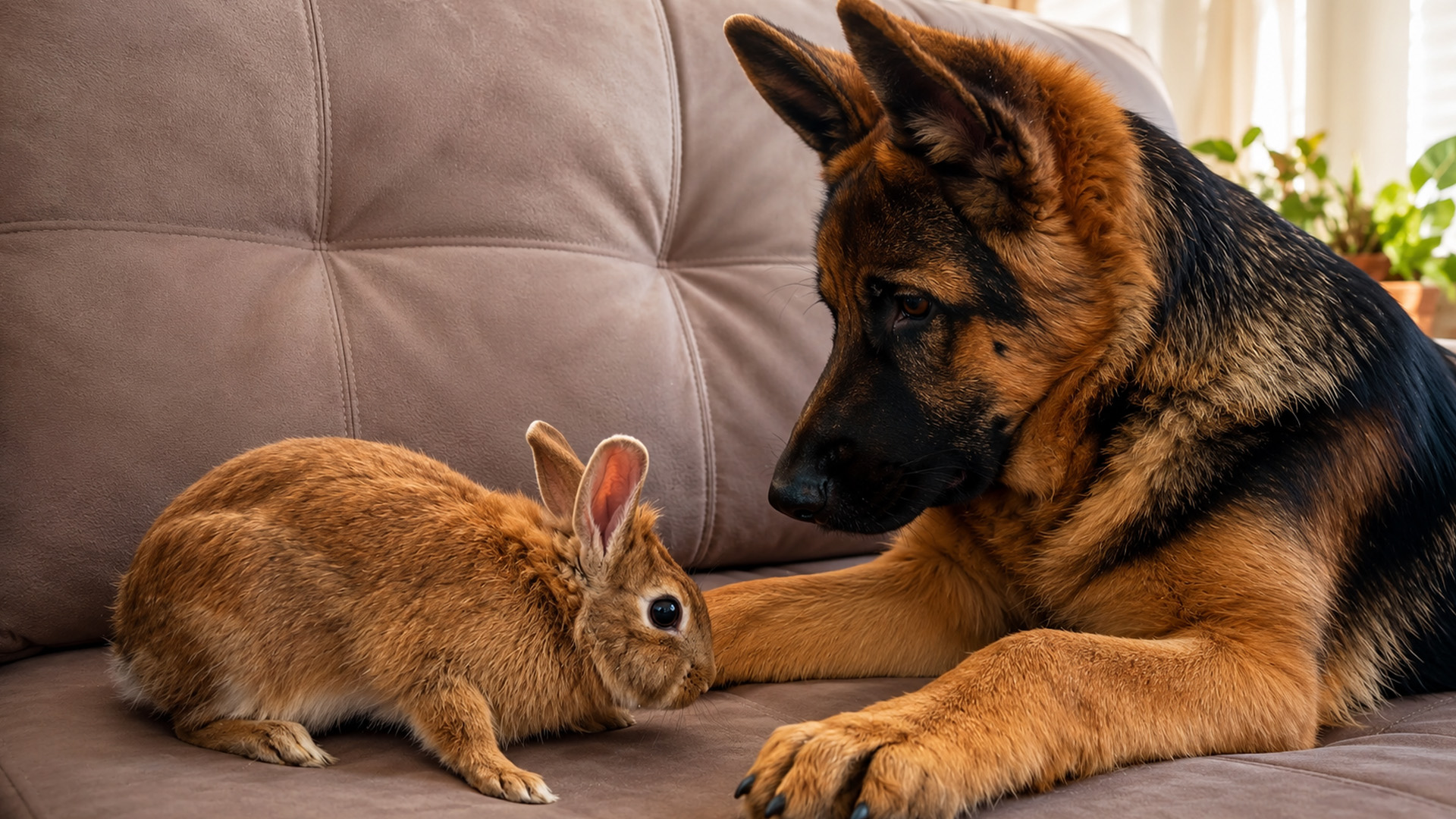 German shepherd puppy and bunny become sofa friends