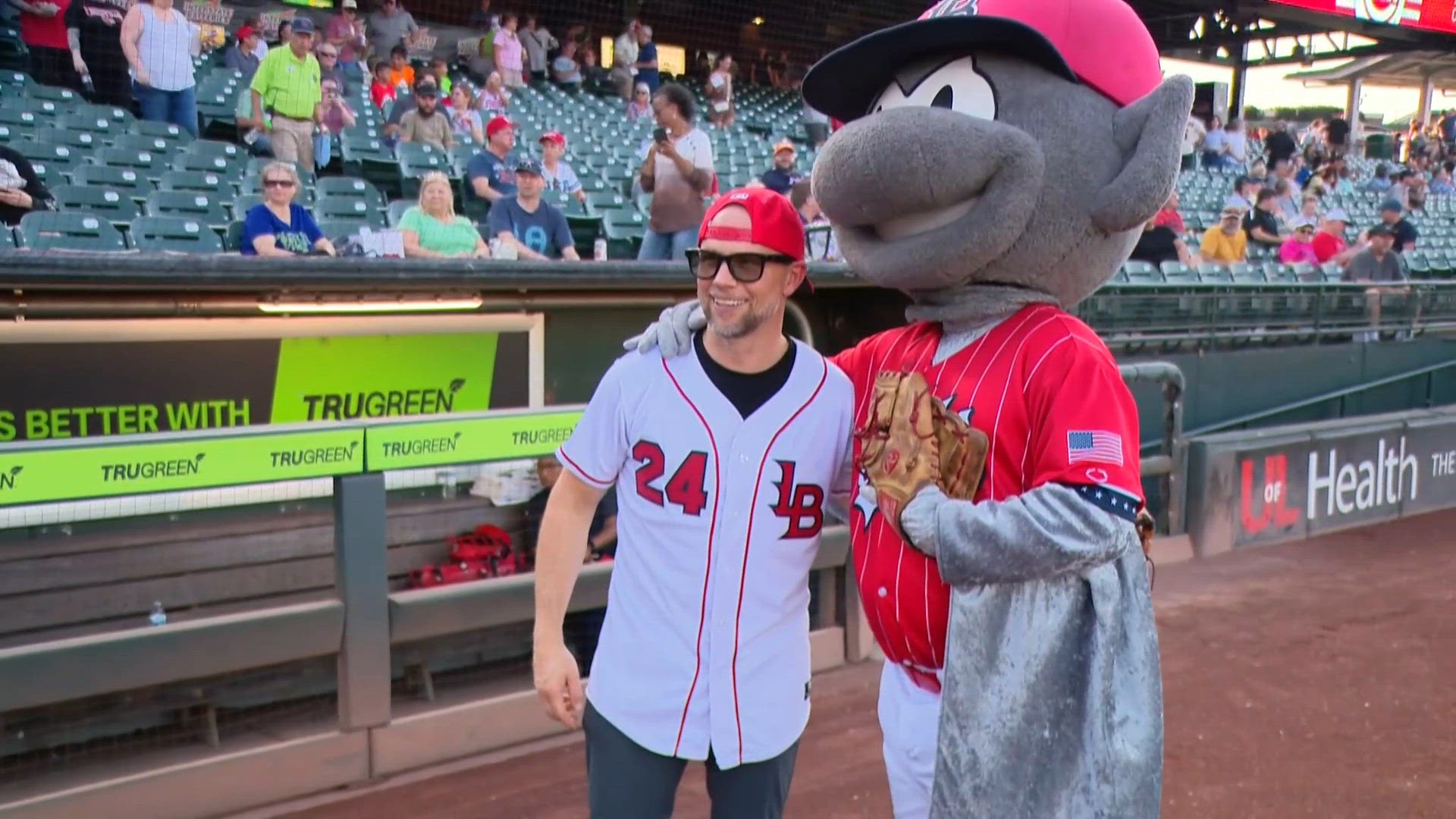 Pat Kelsey throws first pitch at Louisville Bats game in custom jersey
